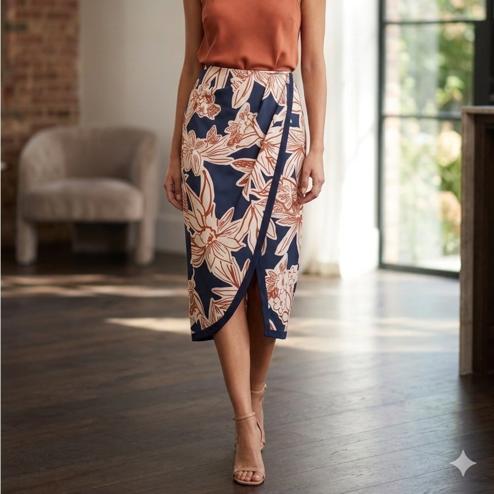 AZULU Anthropologie Floral Wrap Midi Skirt in Navy and Peach